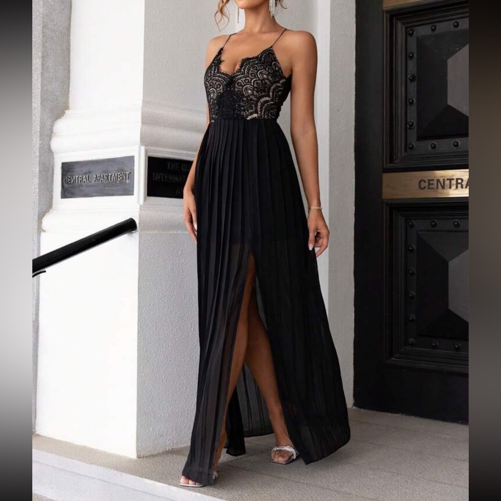 Luxe lace slit thigh party formal prom wedding cami dress - Picture 5 of 5
